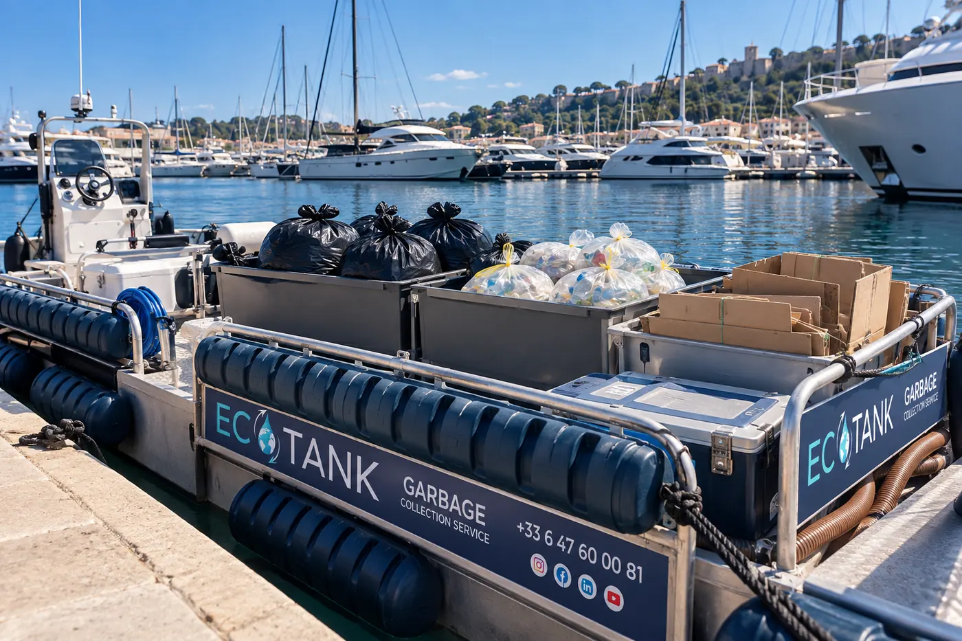Écobarge ECOTANK chargée de sacs d’ordures ménagères à quai